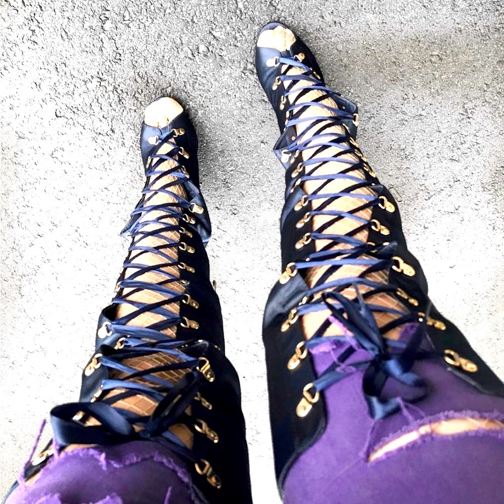 Lace up satin thigh high boots in navy blue